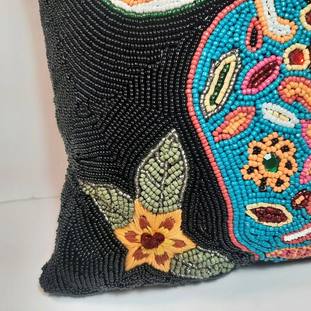 PIER 1 Beaded Sugar Skull DAY OF THE DEAD Halloween VIBRANT Colors Pillow 13x13